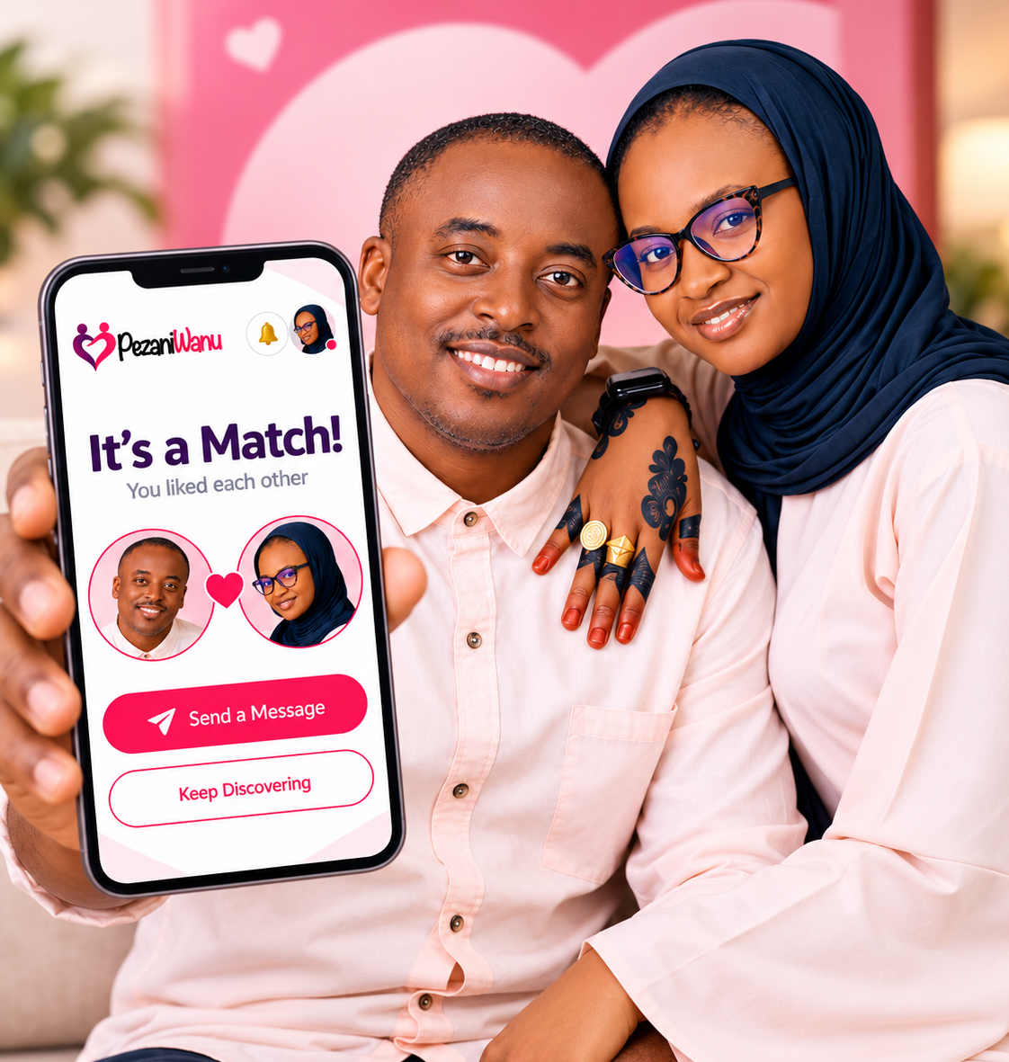 A PezaniWanu couple beside an It's a Match mobile screen